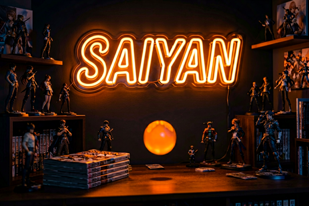 Dark scene with a glowing orange neon sign reading SAIYAN