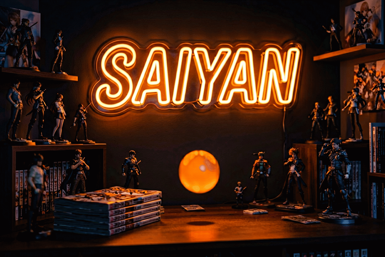 Dark scene with a glowing orange neon sign reading SAIYAN