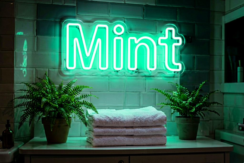 Dark scene with a glowing mint green neon sign reading Mint