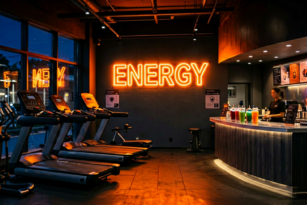 Dark scene with a glowing fiery orange neon sign reading ENERGY