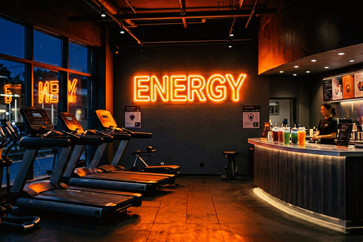 Dark scene with a glowing fiery orange neon sign reading ENERGY