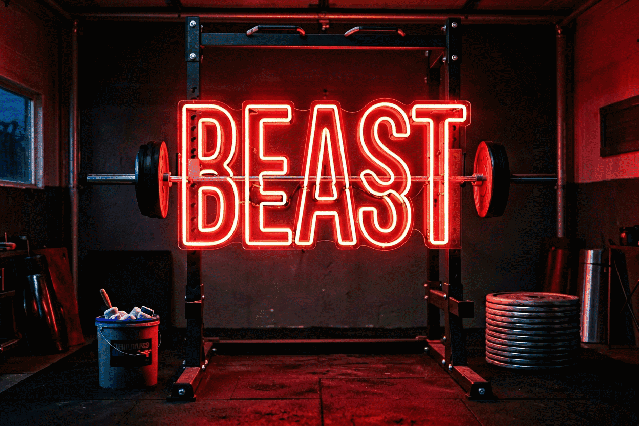 Gym neon sign — dark scene with a glowing red neon sign reading BEAST on a training floor wall