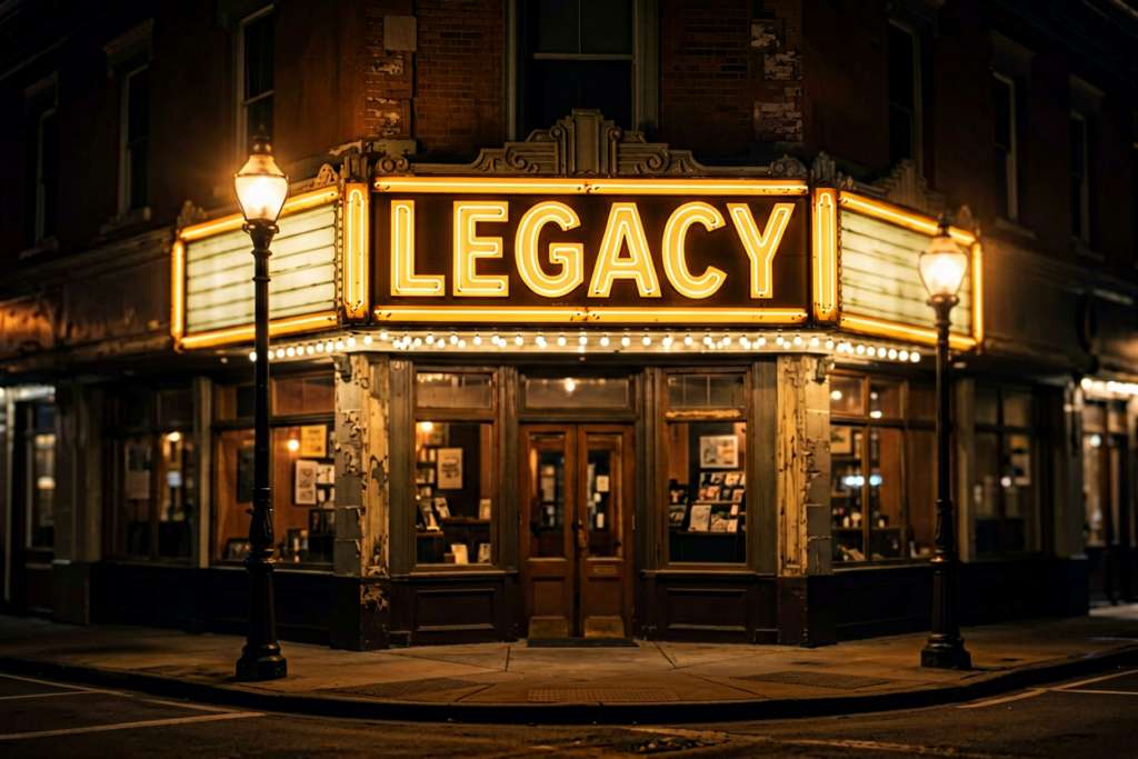 Dark scene with a glowing warm amber neon sign reading LEGACY