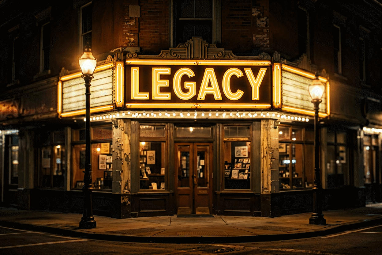 Dark scene with a glowing warm amber neon sign reading LEGACY