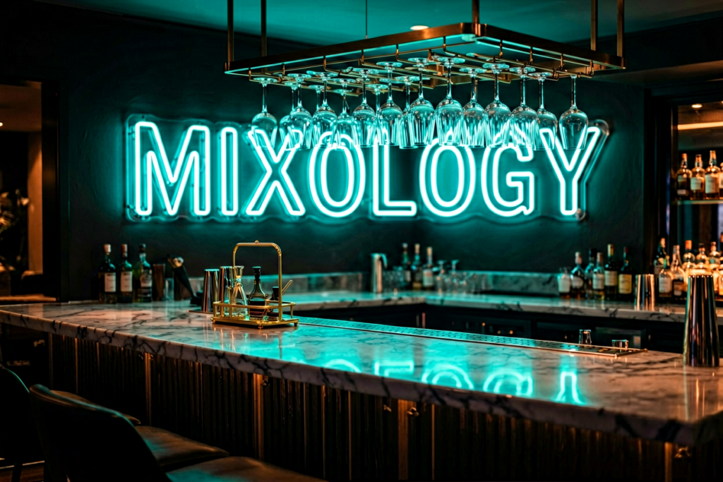 Dark scene with a glowing teal neon sign reading MIXOLOGY
