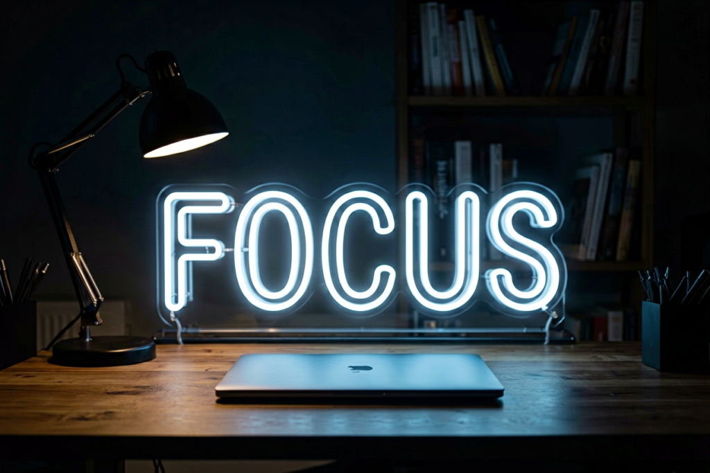 Dark scene with a glowing ice white neon sign reading FOCUS
