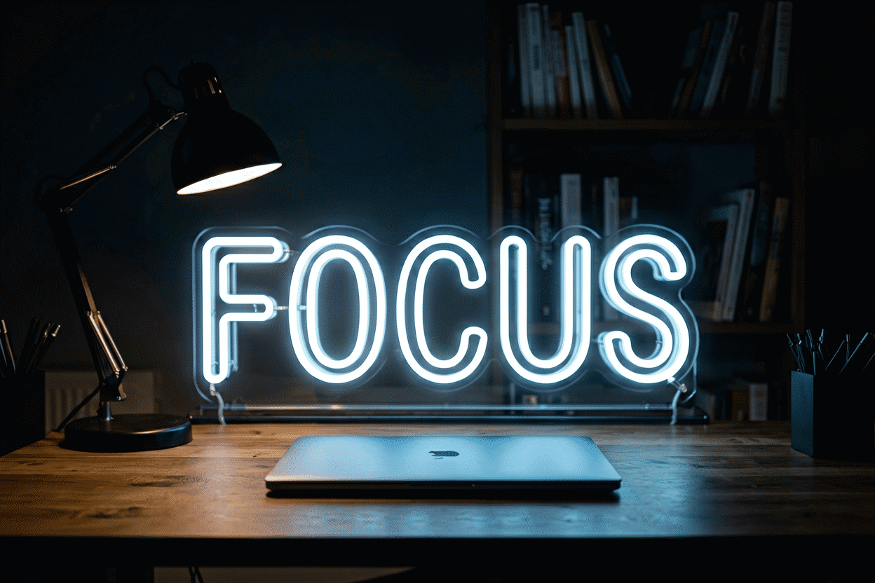Dark scene with a glowing ice white neon sign reading FOCUS