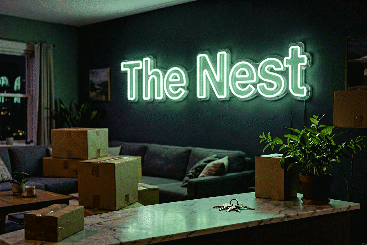 Dark scene with a glowing sage neon sign reading The Nest