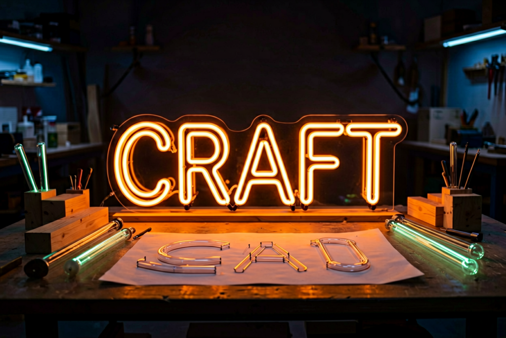 Dark scene with a glowing orange neon sign reading CRAFT