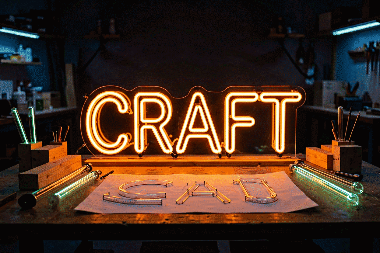 Dark scene with a glowing orange neon sign reading CRAFT
