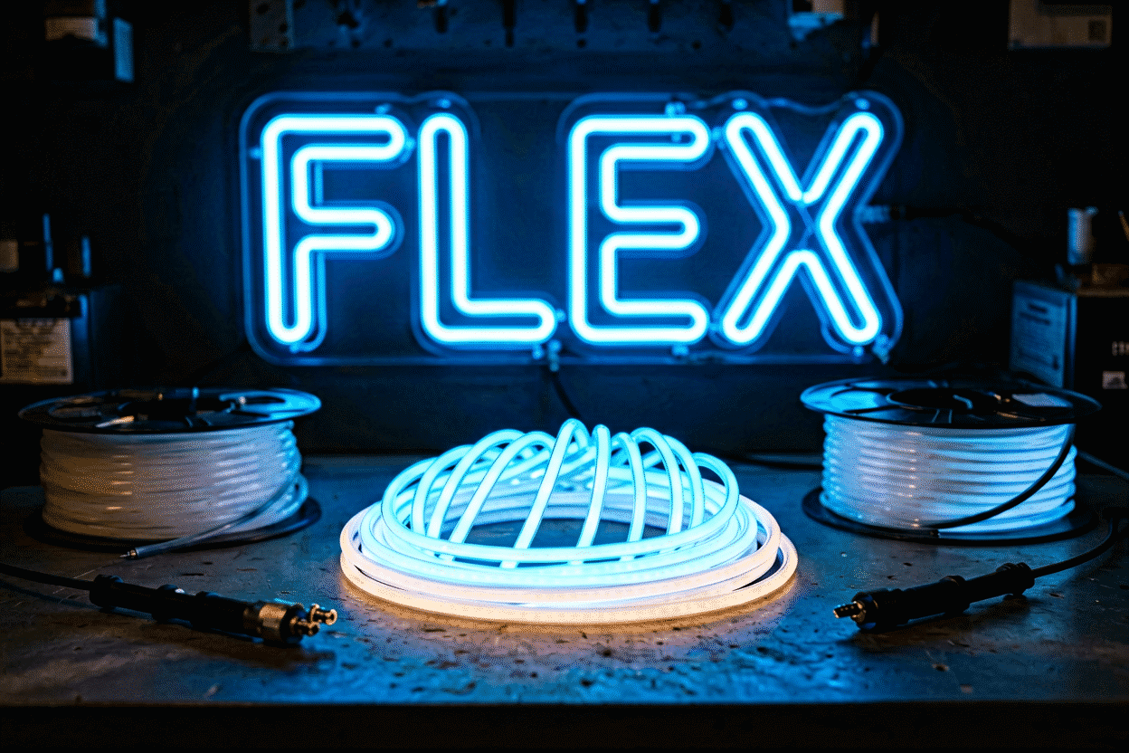 Dark scene with a glowing blue neon sign reading FLEX