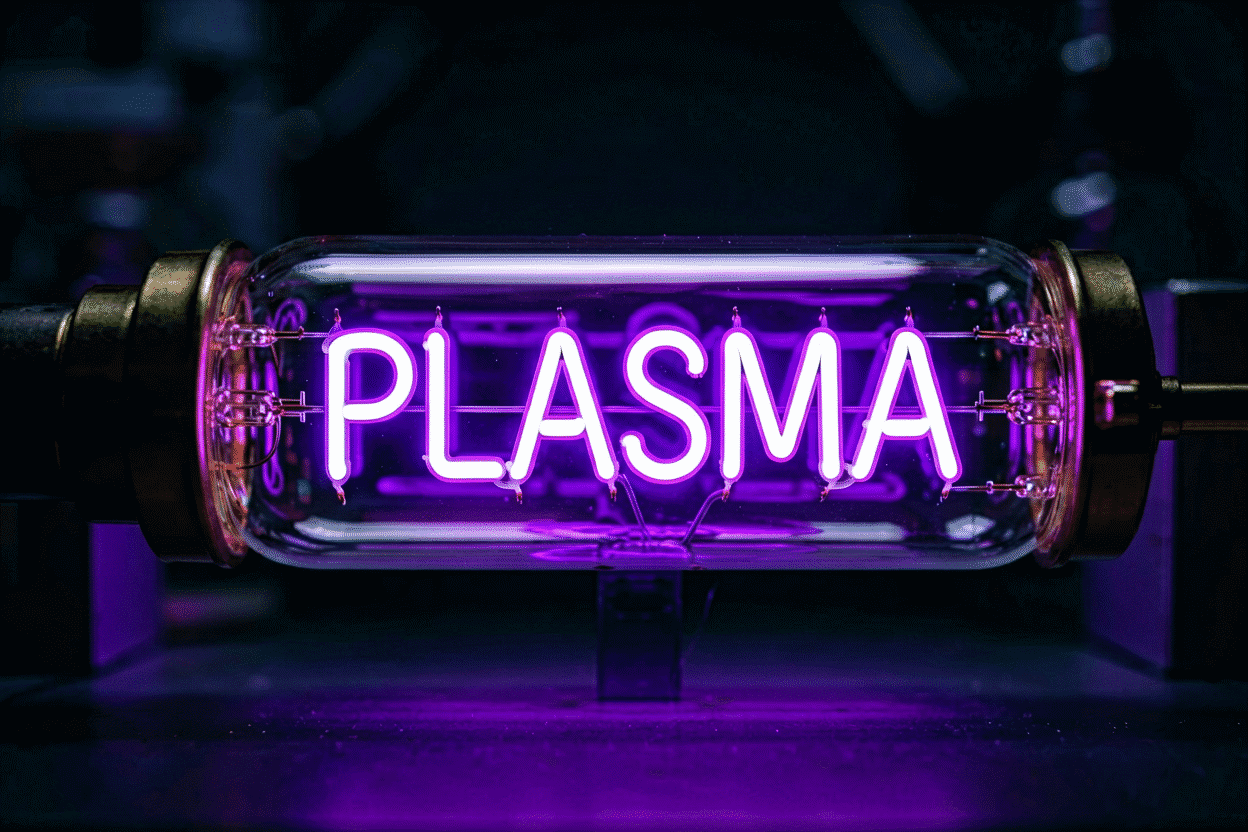 Dark scene with a glowing electric violet neon sign reading PLASMA