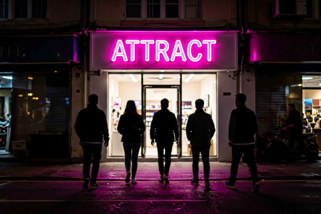 Dark scene with a glowing hot pink neon sign reading ATTRACT