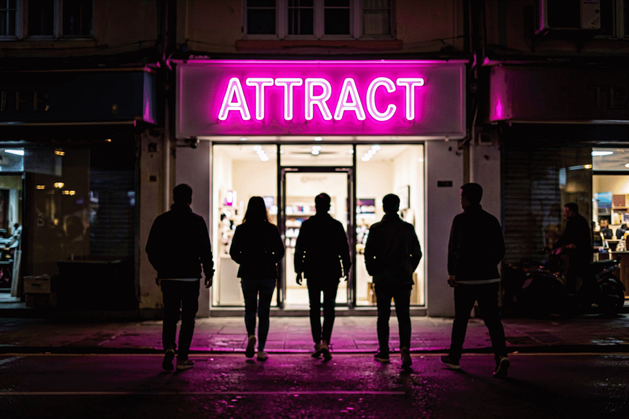 Dark scene with a glowing hot pink neon sign reading ATTRACT