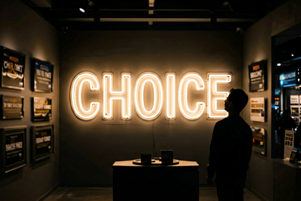 Dark scene with a glowing warm white neon sign reading CHOICE