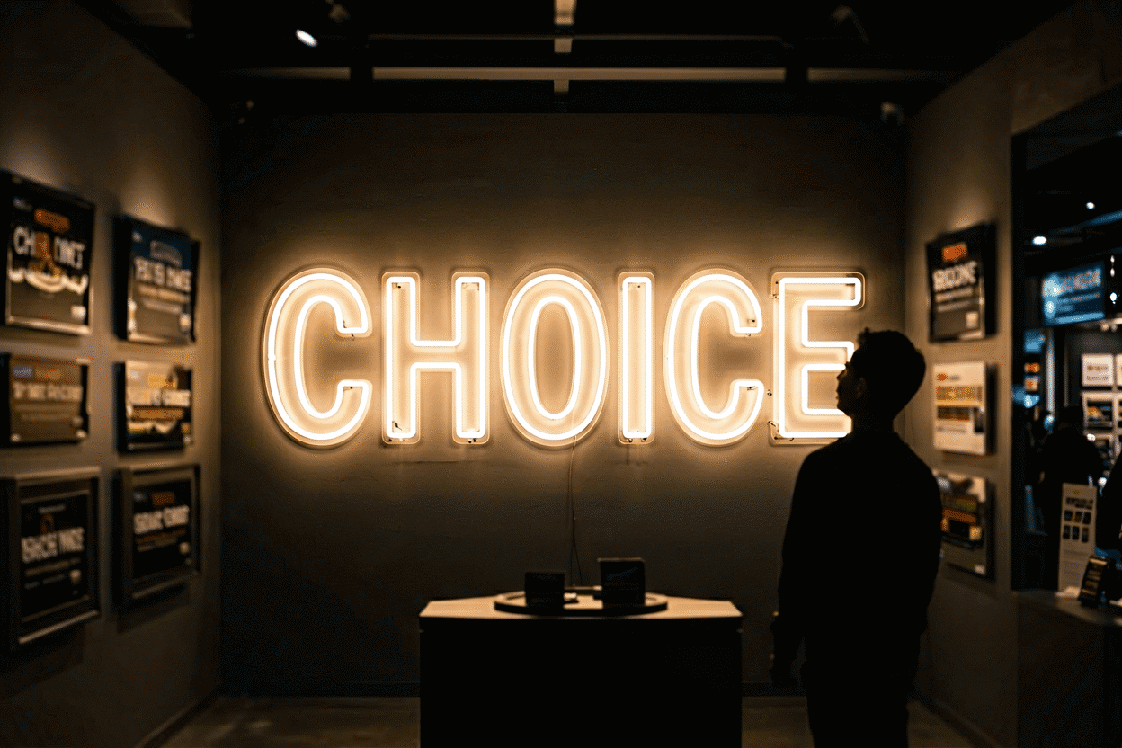 Dark scene with a glowing warm white neon sign reading CHOICE