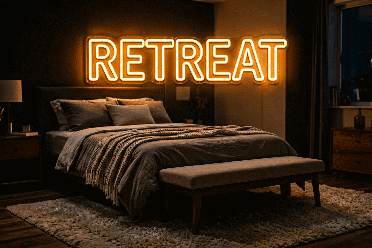Dark scene with a glowing warm amber neon sign reading Retreat