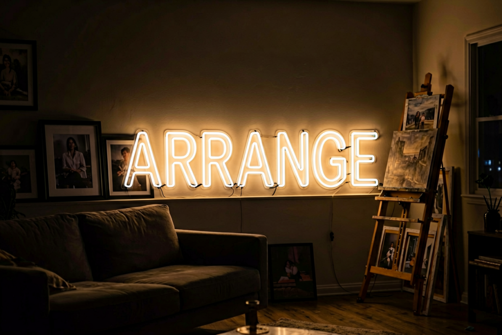 Dark scene with a glowing warm white neon sign reading ARRANGE