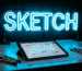 Dark scene with a glowing ice blue neon sign reading SKETCH