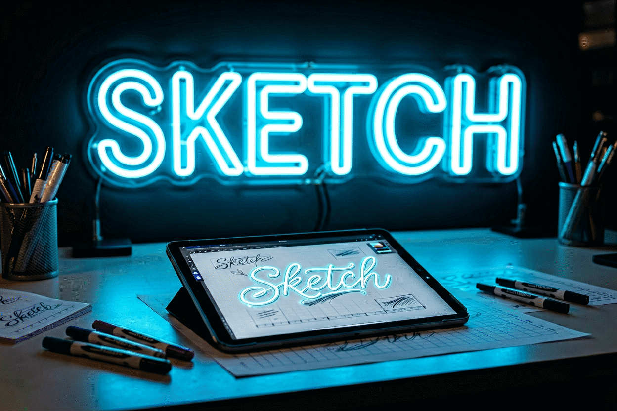 Dark scene with a glowing ice blue neon sign reading SKETCH
