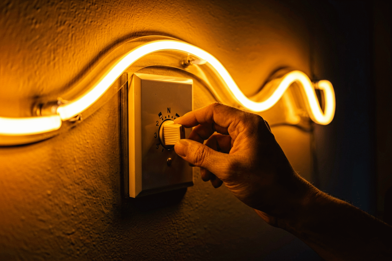 Close-up of hands working with a glowing amber neon sign in a dim room