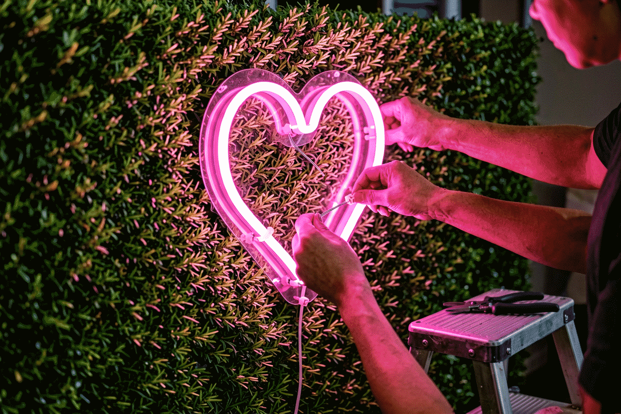 Close-up of hands working with a glowing pink neon sign in a dim room