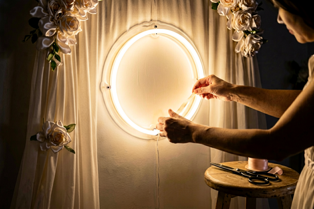 Close-up of hands working with a glowing warm white neon sign in a dim room