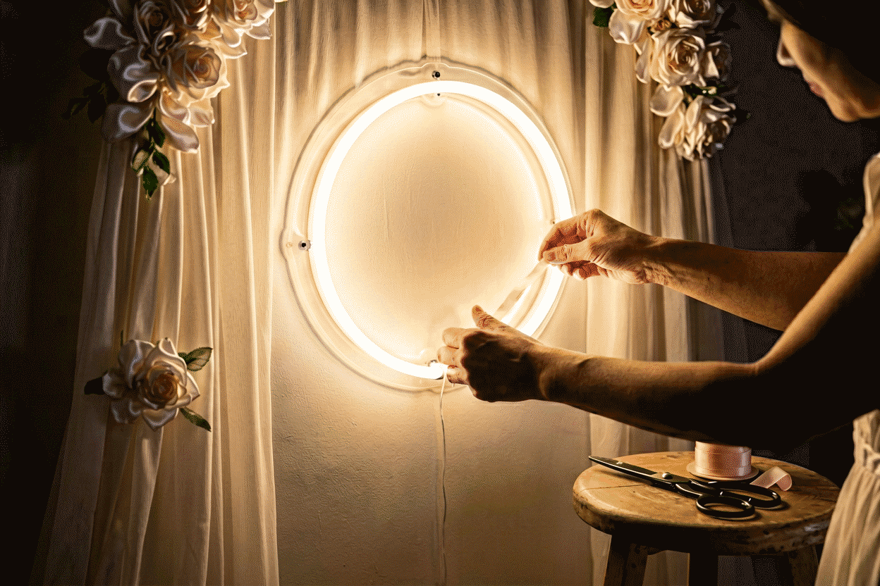 Close-up of hands working with a glowing warm white neon sign in a dim room