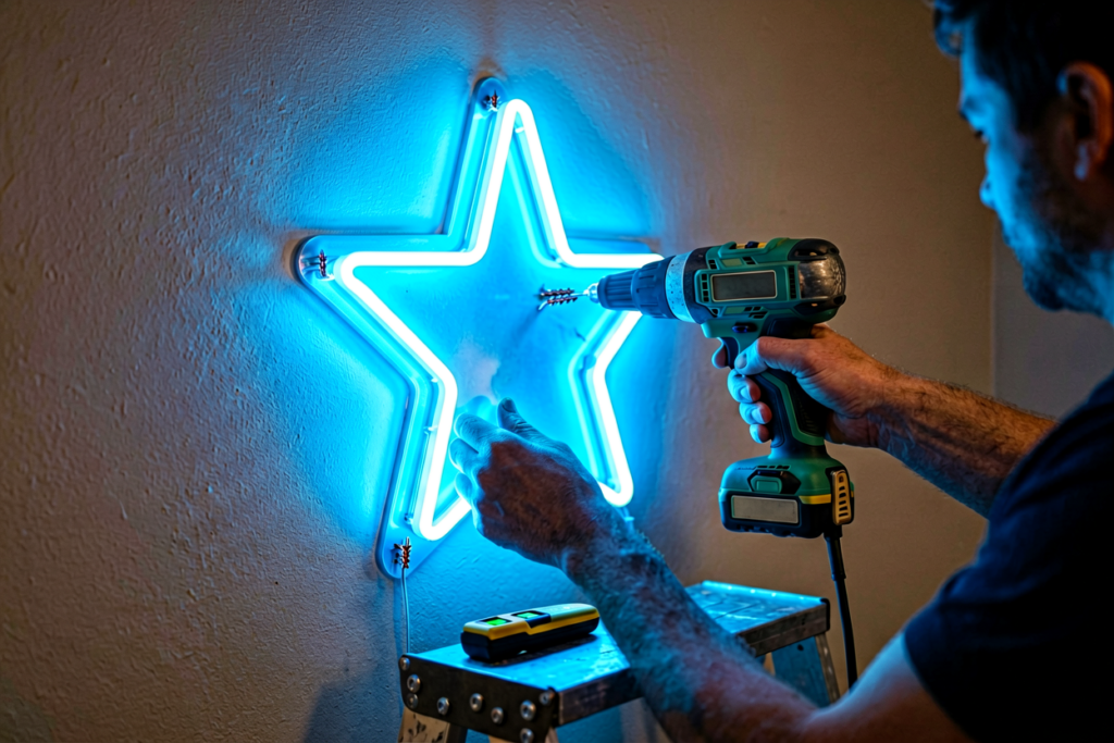 Close-up of hands working with a glowing blue neon sign in a dim room