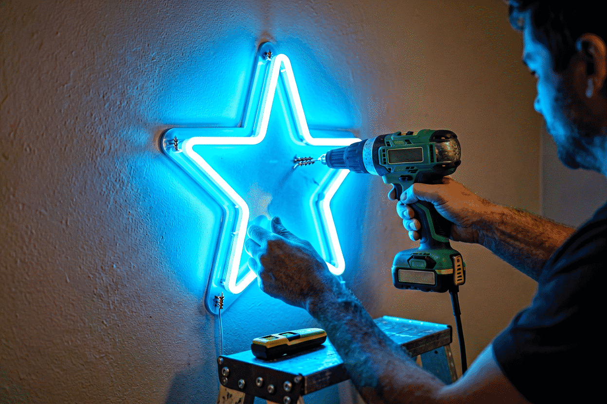 Close-up of hands working with a glowing blue neon sign in a dim room