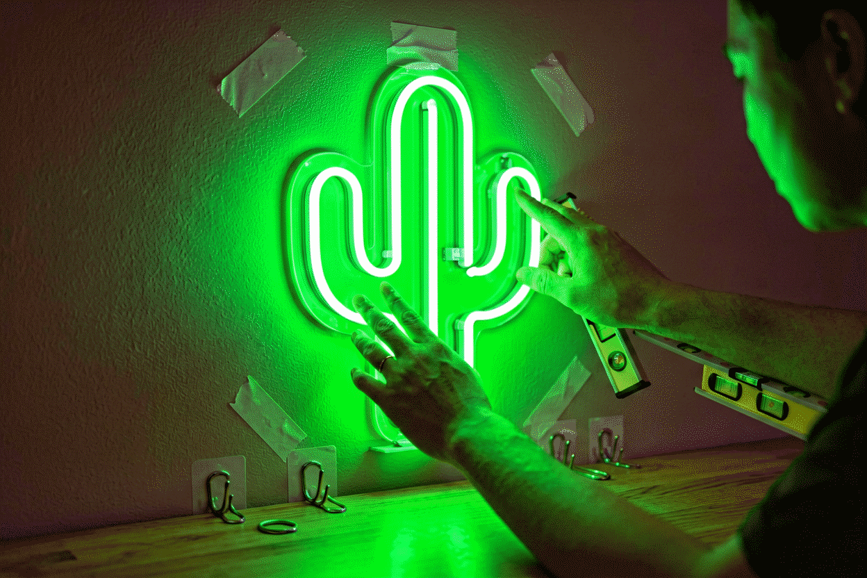 Close-up of hands working with a glowing green neon sign in a dim room