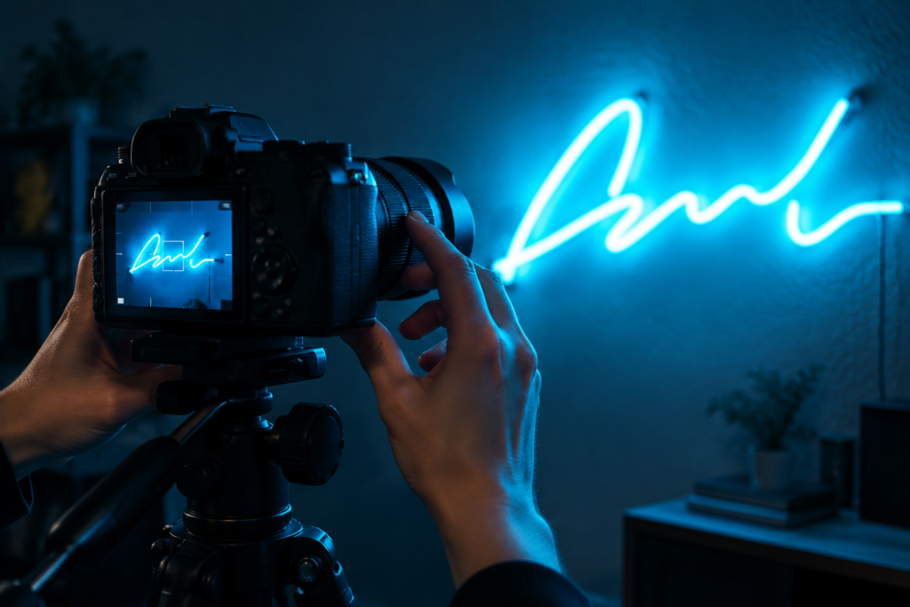 Close-up of hands working with a glowing cyan neon sign in a dim room