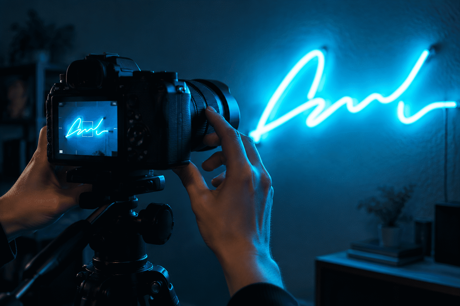 Close-up of hands working with a glowing cyan neon sign in a dim room