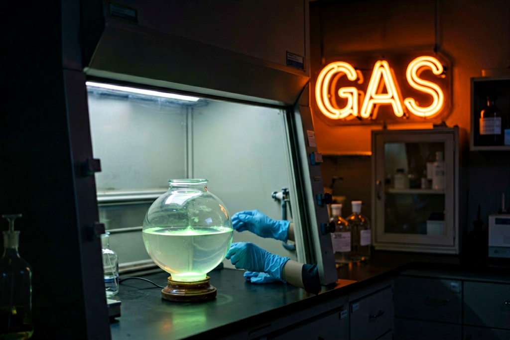 Dark scene with a glowing spectral orange neon sign reading GAS