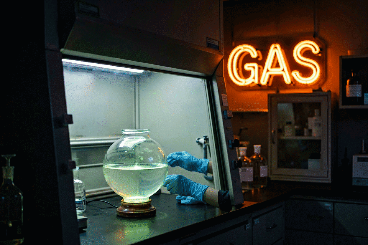 Dark scene with a glowing spectral orange neon sign reading GAS