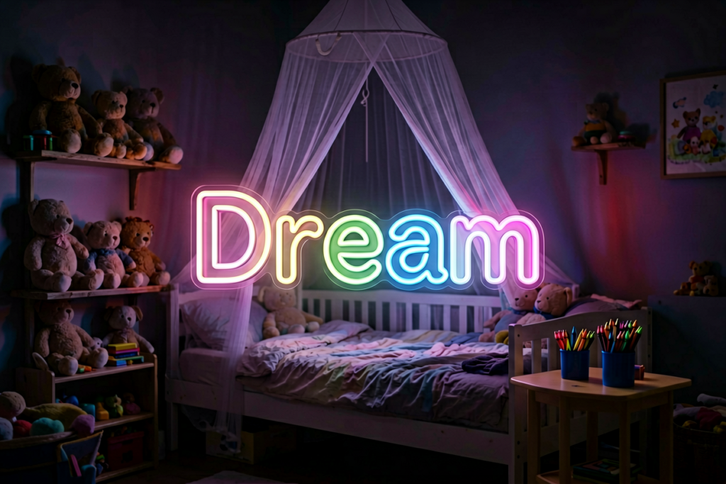 Dark scene with a glowing pastel rainbow neon sign reading Dream