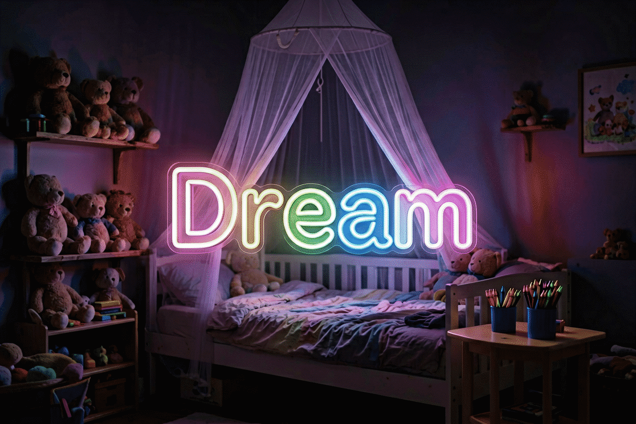 Dark scene with a glowing pastel rainbow neon sign reading Dream