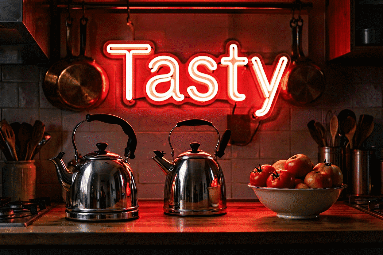 Dark scene with a glowing tomato red neon sign reading Tasty