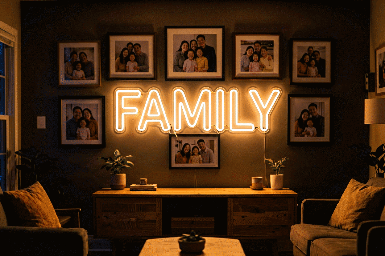 Dark scene with a glowing warm white neon sign reading FAMILY