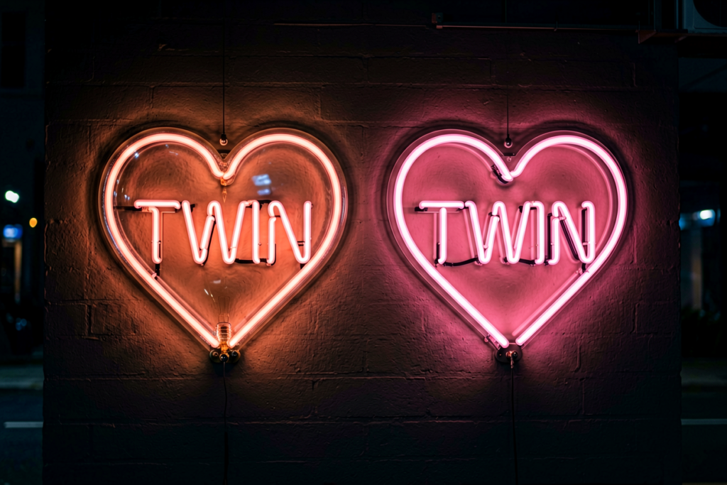Dark scene with a glowing warm pink neon sign reading TWIN