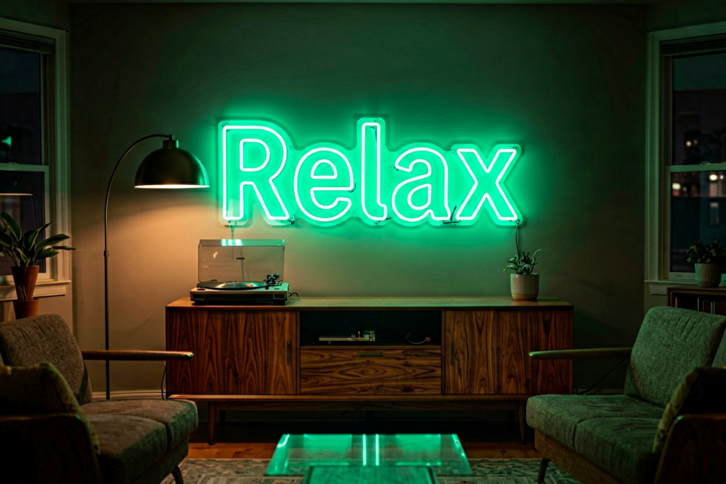 Dark scene with a glowing seafoam green neon sign reading Relax
