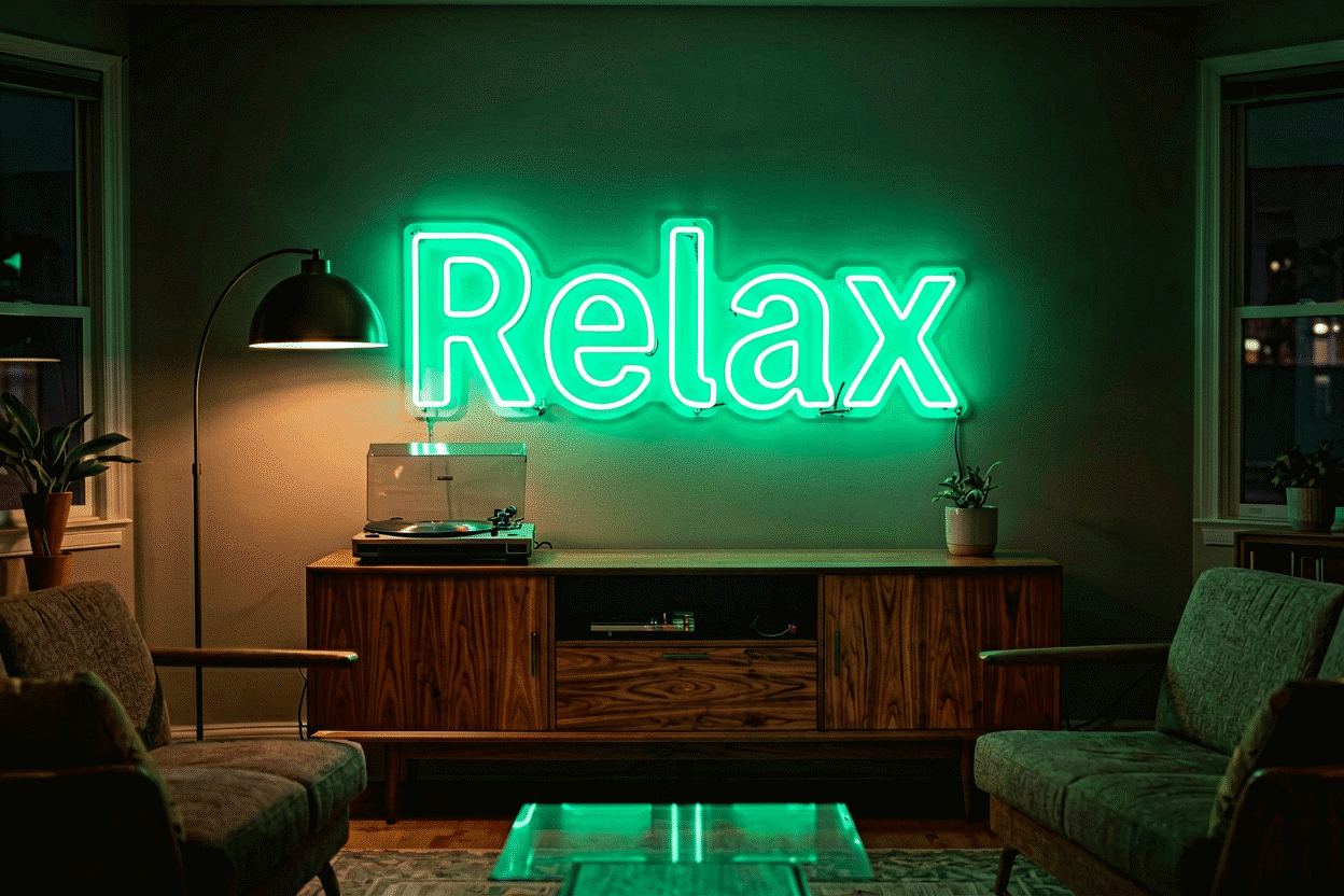 Dark scene with a glowing seafoam green neon sign reading Relax