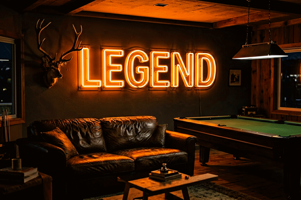 Dark scene with a glowing burnt orange neon sign reading LEGEND