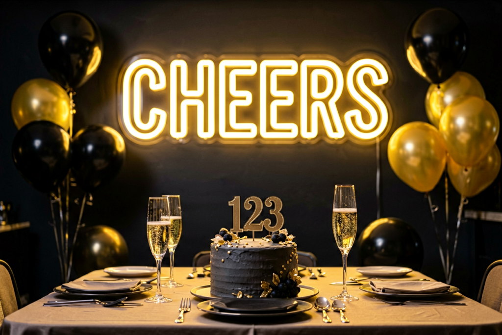 Dark scene with a glowing gold neon sign reading CHEERS