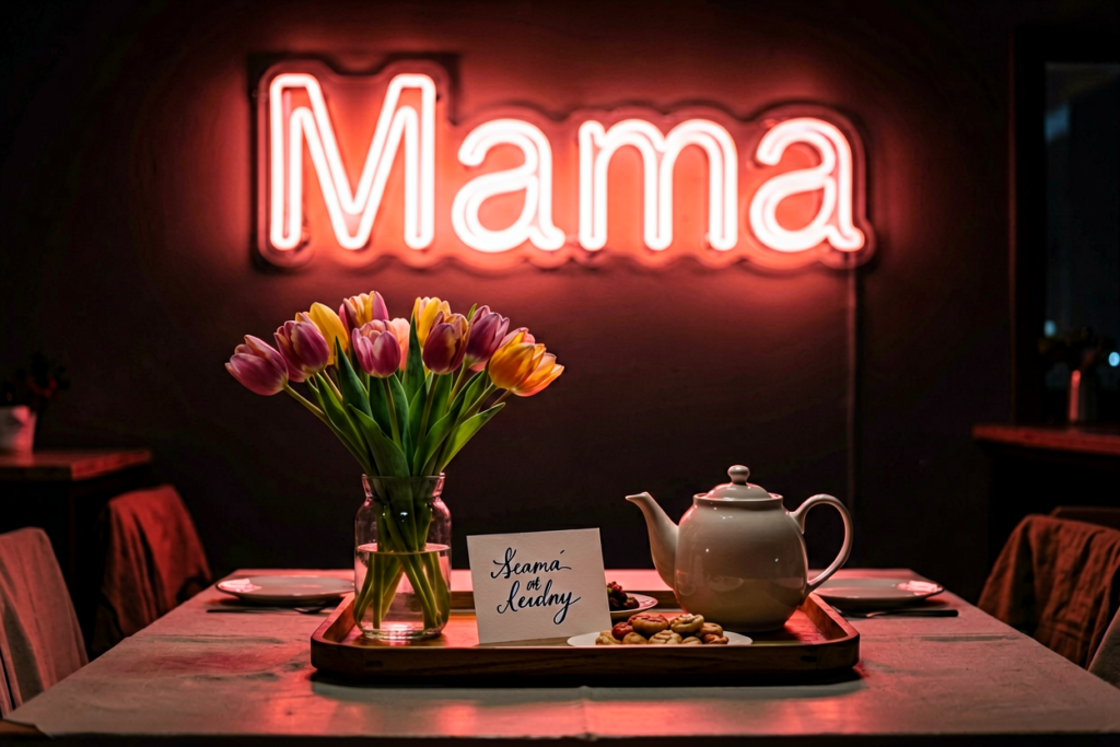 Dark scene with a glowing coral pink neon sign reading Mama