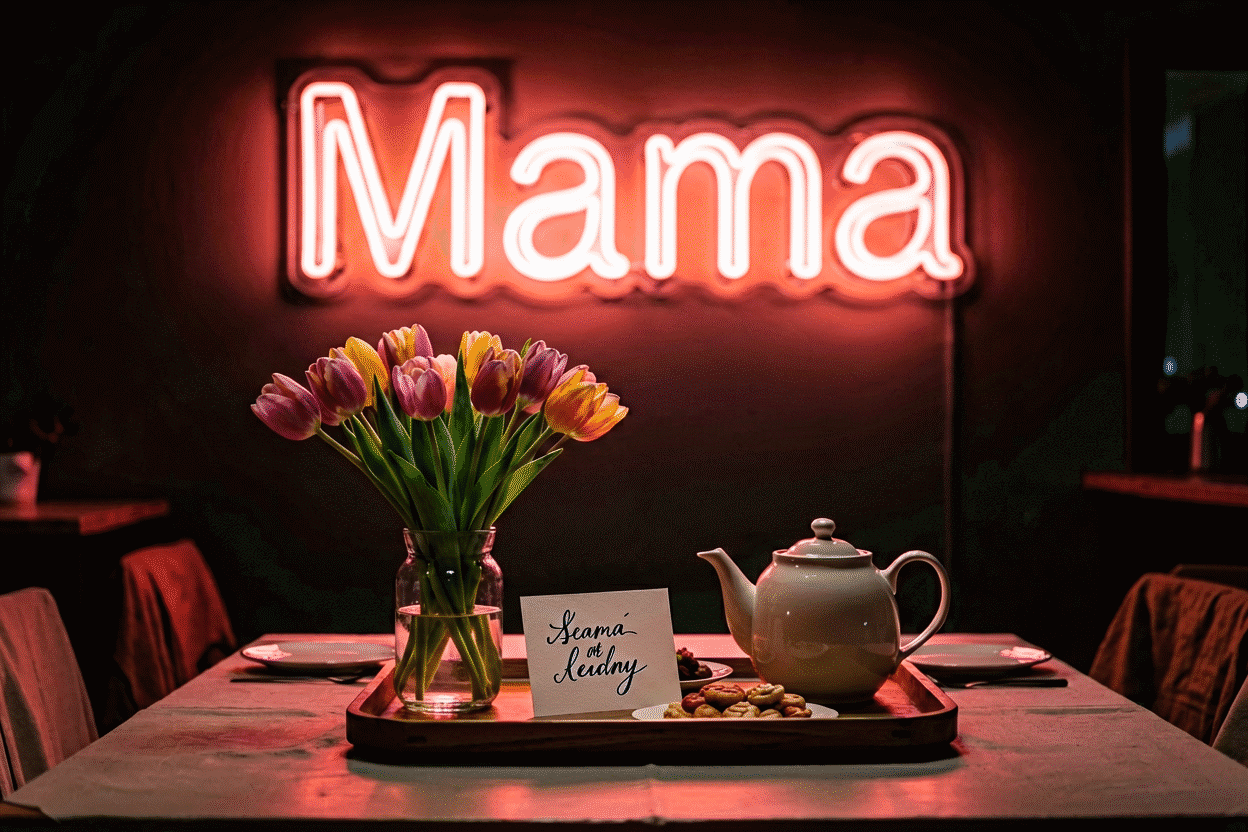 Dark scene with a glowing coral pink neon sign reading Mama