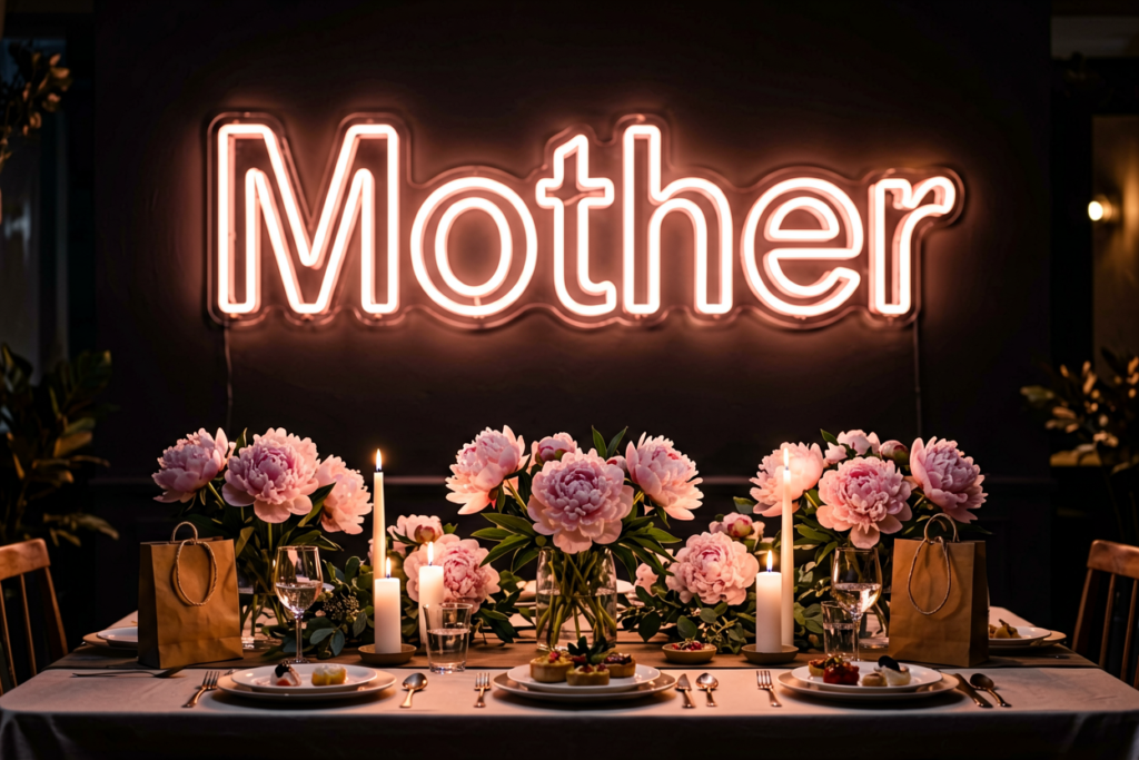 Dark scene with a glowing rose gold neon sign reading Mother