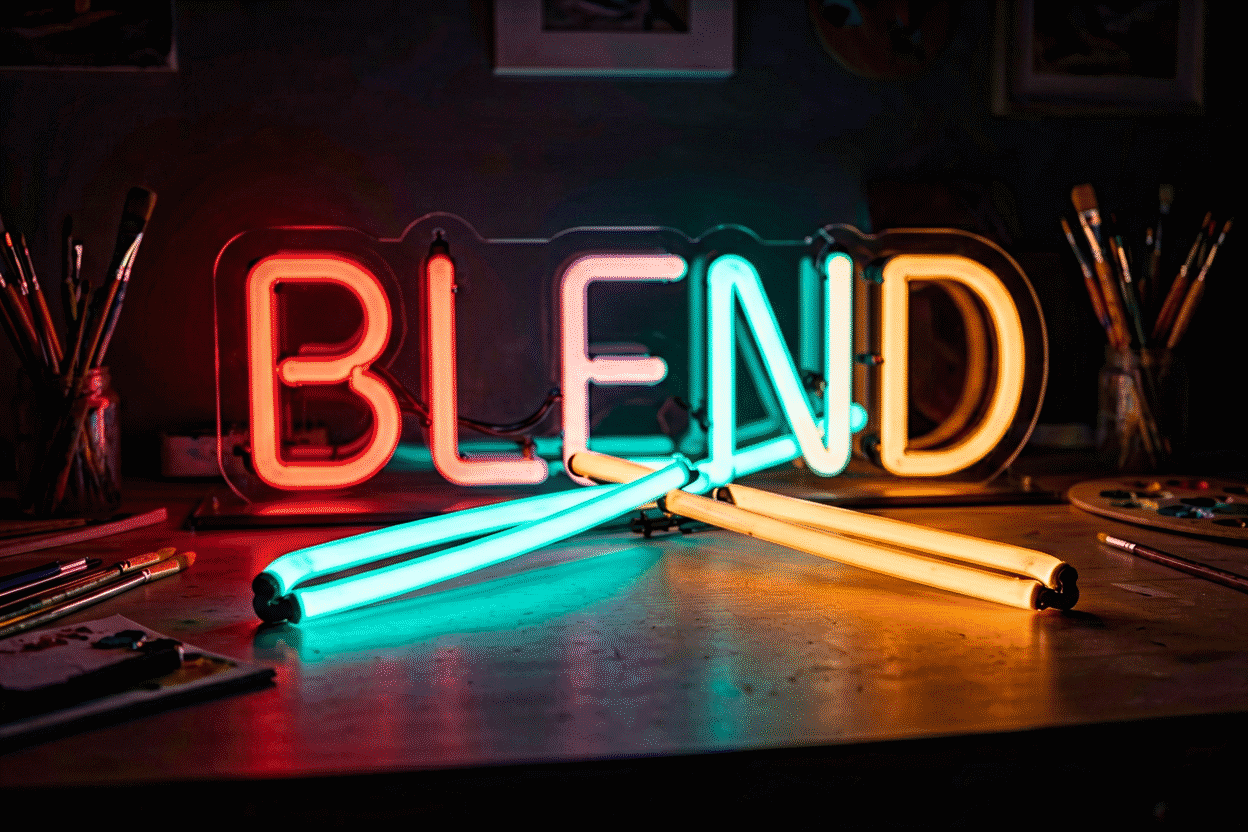 Dark scene with a glowing multicolor neon sign reading BLEND