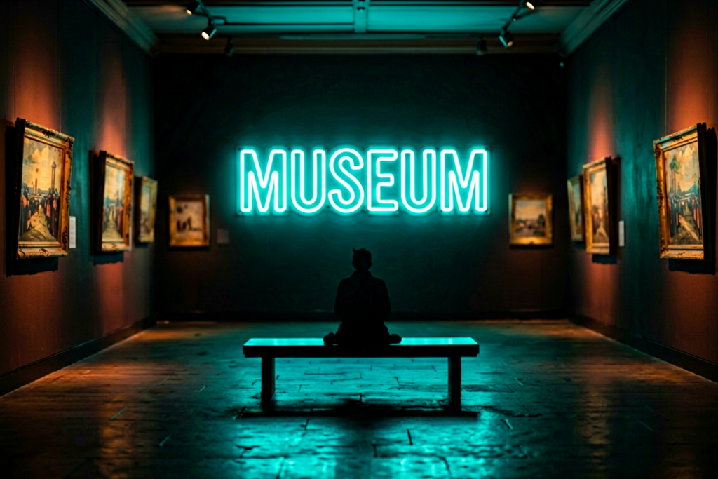 Dark scene with a glowing teal neon sign reading MUSEUM