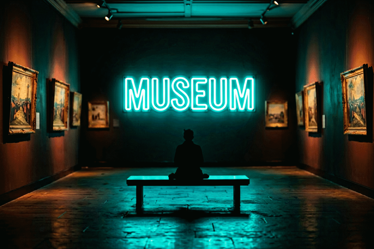 Dark scene with a glowing teal neon sign reading MUSEUM
